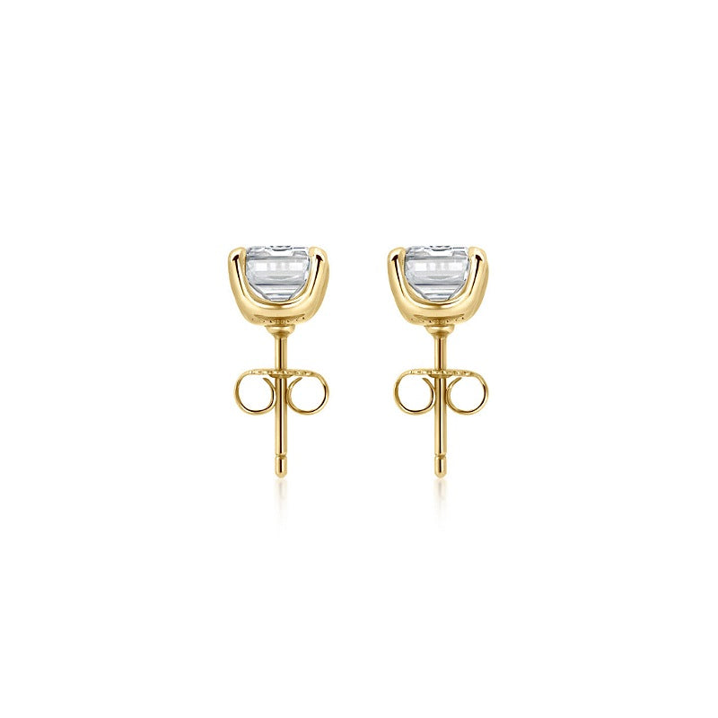 Emerald Cut Diamond Studs yellow gold side