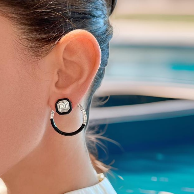 Diamond & Black Enamel Hoops